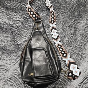 Black Leather Shoulder Bag with Patterned Strap